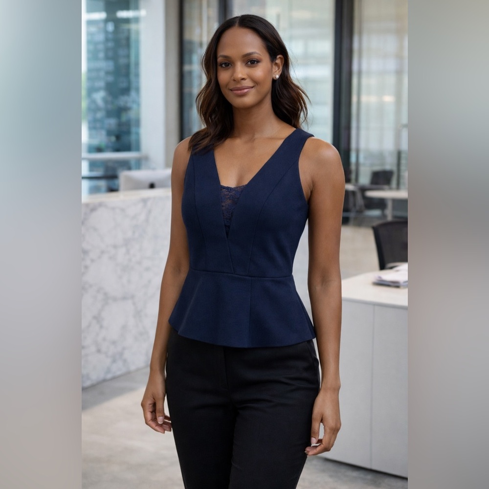 Mango Suit Navy Lace V-Neck Structured Sleeveless Peplum Top Size XS